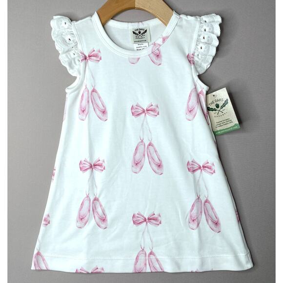 NWT The Oaks Apparel White/Pink Ballet Slippers Pima Cotton Dress Girls 18 Mo